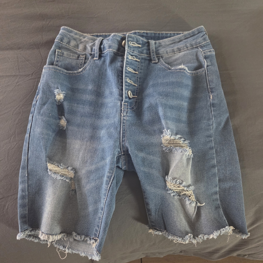 Distressed Button-Fly Denim Bermuda Shorts - Blue